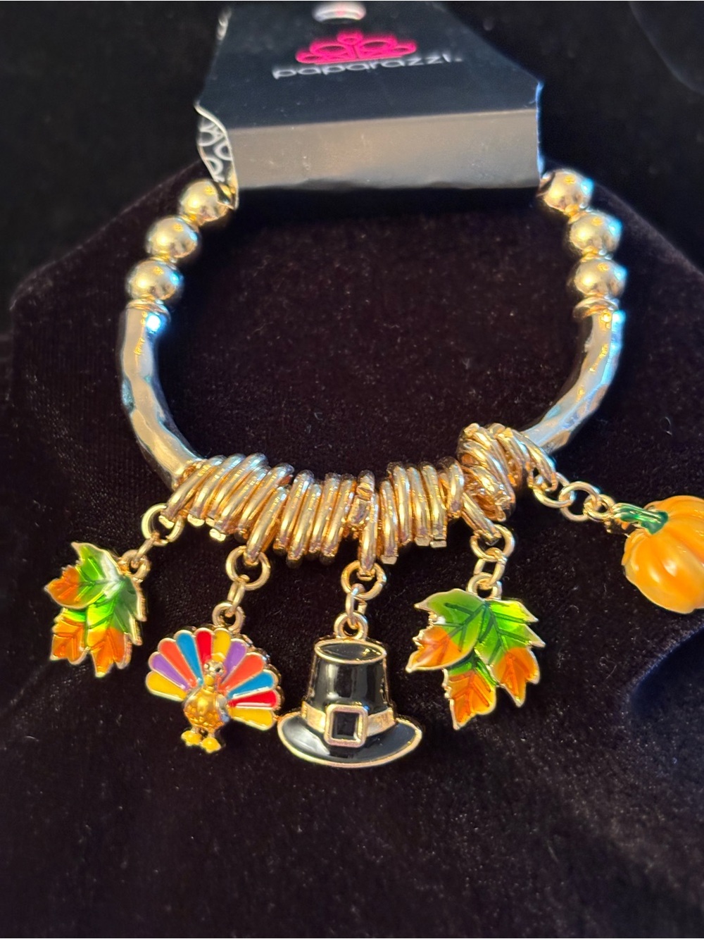 Paparazzi Gold-tone thanksgiving charm Bracelet with Orange, Green Black Accents